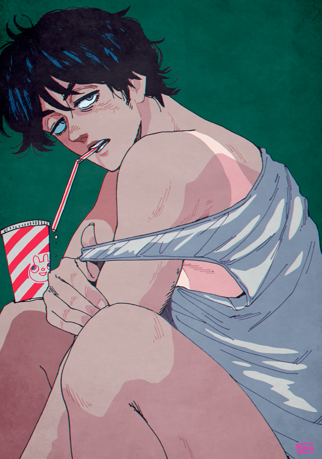 1boy bare_legs between_legs black_hair cup disposable_cup drinking_straw from_side green_background grey_eyes half-closed_eyes hand_between_legs kaneoya_sachiko leaning_forward legs_up looking_at_viewer male_focus mouth_hold original parted_lips shirt_tan short_hair solo strap_pull tan tank_top tanlines