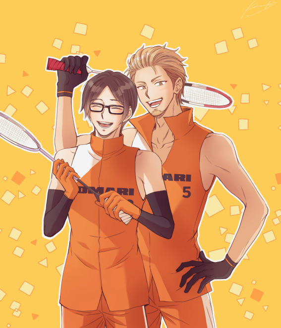 2boys arm_warmers badminton_racket black_gloves blonde_hair closed_eyes facial_hair glasses gloves goatee hand_on_hip kazuki_sara male_focus multiple_boys orange_gloves orange_shirt orange_shorts racket ryman's_club shirt short_hair shorts sleeveless sportswear standing tachibana_azuma tonozaki_shiryuu yellow_background yellow_eyes