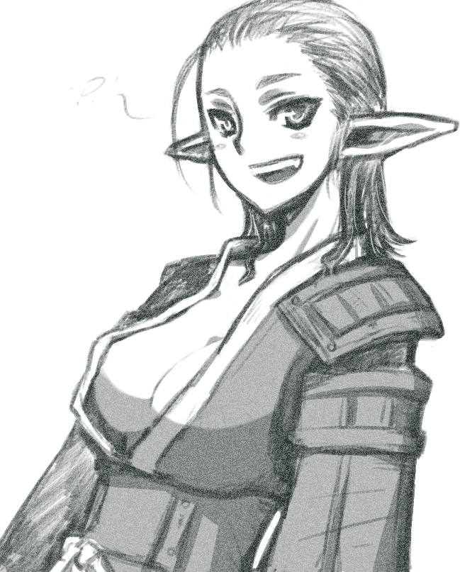 armor artist_request breasts cleavage elf elvaan fang final_fantasy final_fantasy_xi greyscale large_breasts monochrome pointy_ears sketch solo