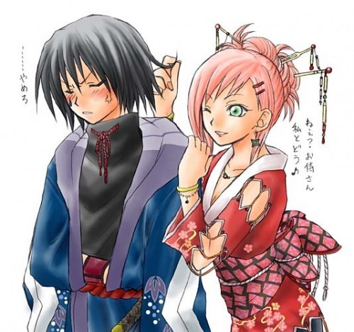 artist_request blush couple haruno_sakura japanese_clothes kimono lowres naruto uchiha_sasuke