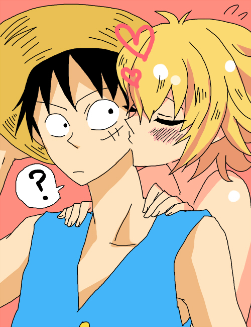 1boy 1girl amazon_lily blonde_hair kiss marguerite monkey_d_luffy one_piece simple_background