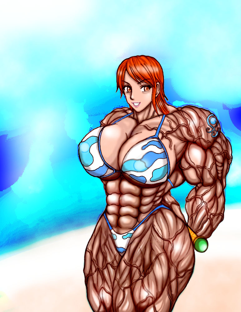 abs arms_behind_back bikini breasts cleavage extreme_muscles female hands_behind_back muscle muscles muscular nami one_piece swimsuit veins