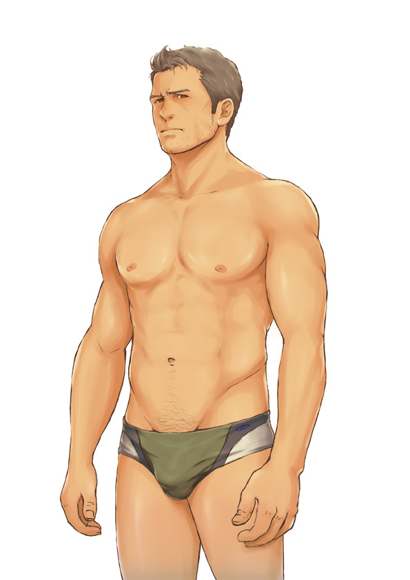 1boy bara chris_redfield male male_focus muscle pubic_hair resident_evil simple_background solo underwear white_background