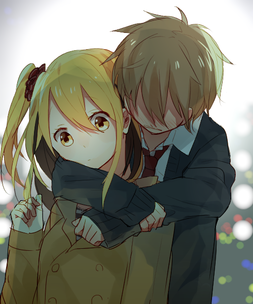 1boy 1girl alternate_costume amamiya_hibiya black_cardigan blonde_hair blurry blush bokeh brown_coat brown_hair brown_necktie brown_scrunchie buttons cardigan clenched_hand closed_mouth coat collared_shirt depth_of_field double-breasted faceless faceless_male facing_another gradient gradient_background grey_background hair_between_eyes hand_on_another's_chest hand_on_own_arm hug hug_from_behind kagerou_project kisaragi_momo long_sleeves looking_ahead loose_necktie mekakucity_actors necktie no_eyes open_collar peacoat pecchii scrunchie shaded_face shirt side_ponytail sleeves_past_wrists striped striped_shirt t-shirt white_background white_shirt yellow_eyes