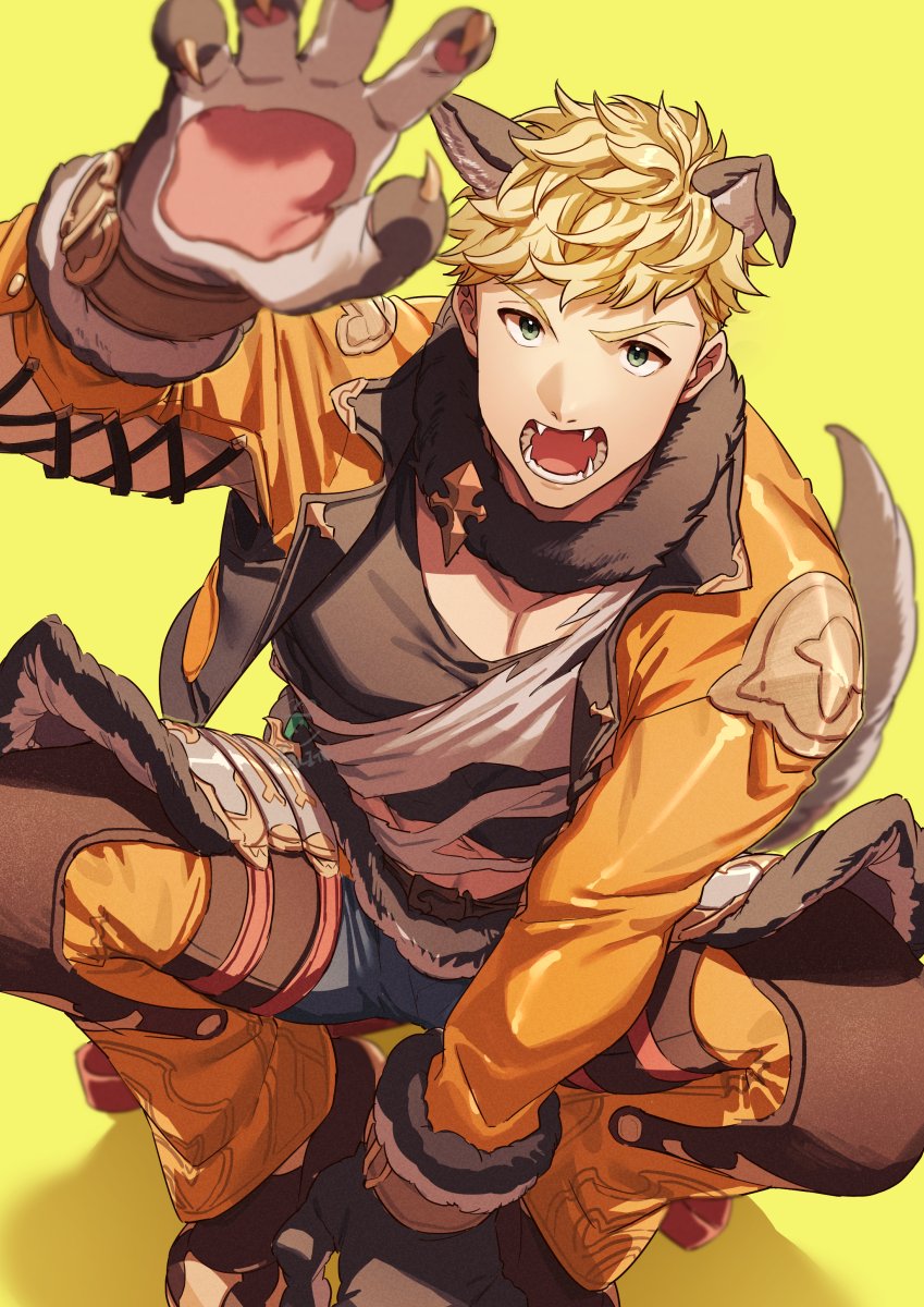 1boy animal_ears bangs black_tank_top blonde_hair cropped_jacket fangs feb_itk fur_collar granblue_fantasy highres jacket large_pectorals male_focus muscular muscular_male official_alternate_costume open_clothes open_jacket open_mouth orange_jacket pectorals shirt short_hair solo tail tank_top torn_clothes torn_shirt vane_(granblue_fantasy) vane_(halloween)_(granblue_fantasy) white_shirt wolf_boy wolf_ears wolf_paws wolf_tail