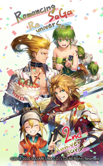 1girl 3boys bare_shoulders blonde_hair breasts cake choker food green_eyes green_hair gustaf gustave_xiii hair_ribbon jewelry long_hair looking_at_viewer multi-tied_hair multiple_boys official_art open_mouth ponytail ribbon romancing_saga_re;universe ryuutetsu saga saga_frontier_2 smile sword very_long_hair virginia_knights weapon