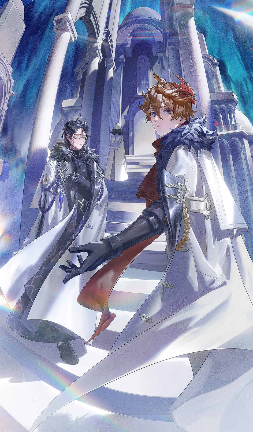 1other 2boys :3 ahoge aiguillette arch architecture bangs black_gloves black_hair blue_eyes building closed_eyes closed_mouth coat coat_on_shoulders column commentary_request crossed_bangs eyewear_strap full_body fur-trimmed_coat fur_trim gem genshin_impact gjd12751 glasses gloves hair_between_eyes hair_over_shoulder hand_up highres lapels long_sleeves looking_at_viewer looking_back male_focus mask mask_on_head medium_hair multiple_boys orange_hair outstretched_hand pantalone_(genshin_impact) parted_bangs pillar red_mask red_scarf scarf semi-rimless_eyewear short_hair smile stairs standing tartaglia_(genshin_impact) temple under-rim_eyewear white_coat