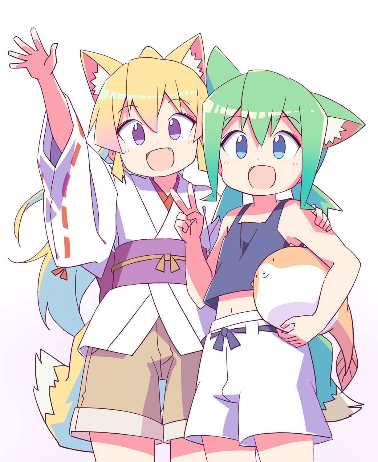 2girls :d animal_ears arm_up bangs bare_arms bare_shoulders black_tank_top blonde_hair blue_eyes brown_shorts carrying carrying_under_arm commentary_request crop_top fang fox_ears fox_girl fox_tail green_hair hair_between_eyes highres japanese_clothes kimono long_hair long_sleeves midriff multiple_girls navel original purple_eyes ribbon-trimmed_sleeves ribbon_trim roku_no_hito short_shorts shorts smile tail tank_top very_long_hair white_kimono white_shorts wide_sleeves