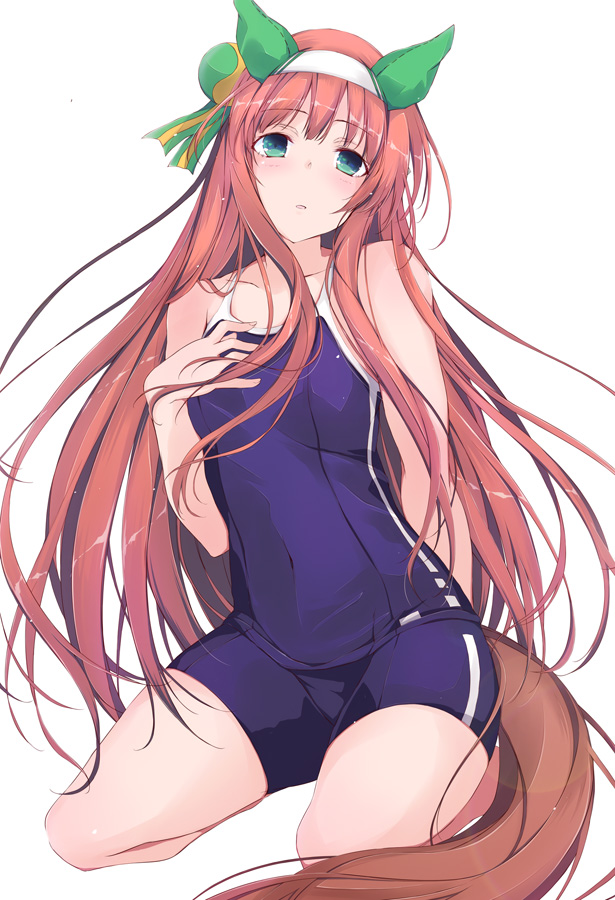 1girl animal_ears blue_one-piece_swimsuit commentary_request competition_school_swimsuit ear_covers flat_chest green_eyes hairband hime_cut horse_ears horse_girl horse_tail orange_hair school_swimsuit silence_suzuka_(umamusume) simple_background solo swimsuit tail tracen_swimsuit umamusume white_background white_hairband yumesato_makura