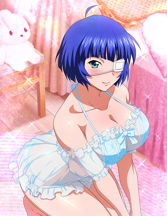 1girl ahoge bangs bed bedroom blue_hair blunt_bangs blush bob_cut bra closed_mouth dress eyepatch green_eyes heart heart_pillow ikkitousen indoors kneeling mole mole_under_mouth nightgown off-shoulder_dress off_shoulder panties pillow ryomou_shimei see-through see-through_dress shiny shiny_hair short_dress short_hair side-tie_panties sleepwear smile solo sparkle stuffed_animal stuffed_bunny stuffed_toy underwear white_bra white_panties wooden_floor