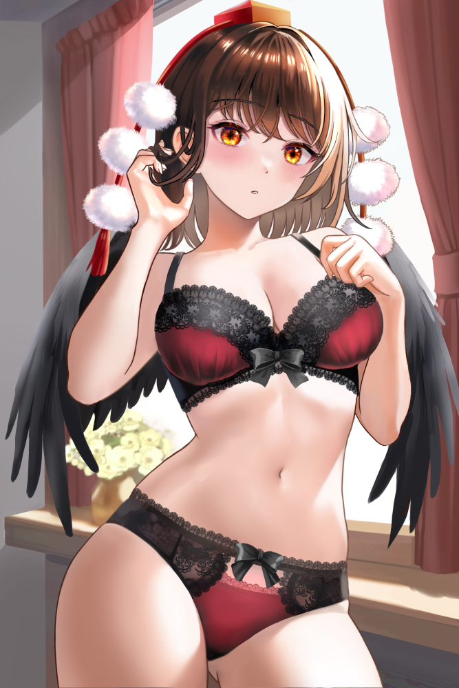1girl bangs bare_arms bare_shoulders black_wings blush bow bow_panties bra brown_hair commentary_request cowboy_shot curtains feathered_wings hand_up hat looking_at_viewer navel panties parted_lips pom_pom_(clothes) red_bra red_headwear shameimaru_aya short_hair solo standing stomach tokin_hat touhou uemura_shun underwear underwear_only window wings yellow_eyes
