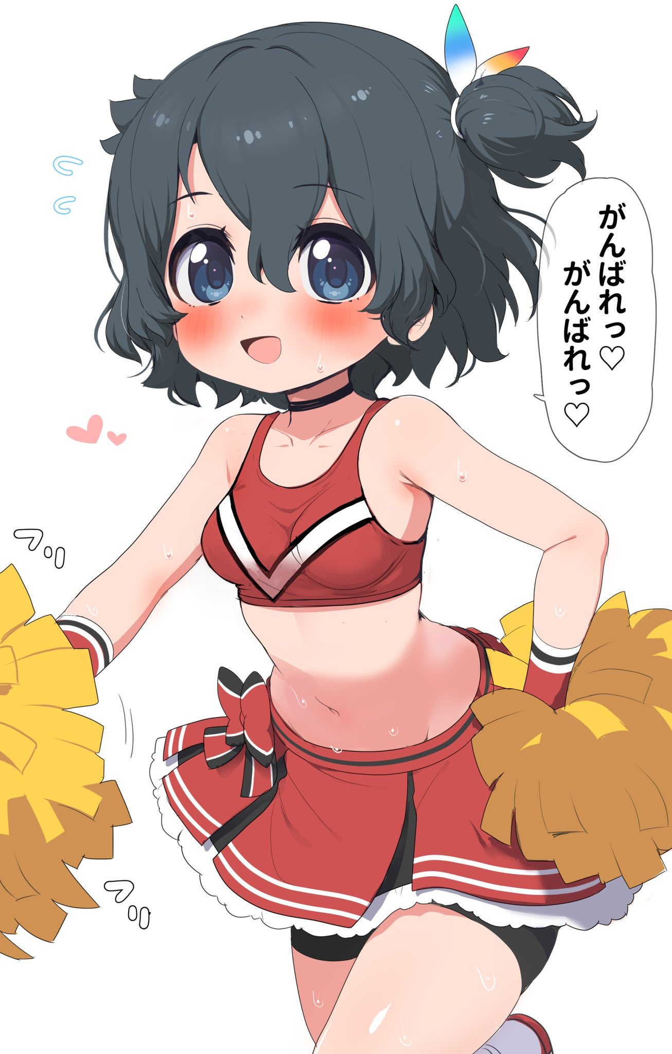 1girl alternate_costume bare_shoulders bike_shorts_under_skirt black_choker black_hair blue_eyes blush cheerleader choker commentary_request crop_top flying_sweatdrops heart highres kaban_(kemono_friends) kemono_friends looking_at_viewer midriff navel open_mouth pleated_skirt pom_pom_(cheerleading) ransusan red_shirt red_skirt shirt short_hair side_ponytail skirt sleeveless smile solo