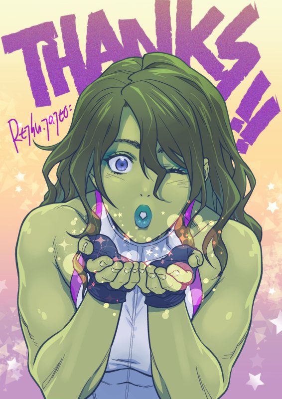 1girl animification artist_name black_gloves blowing_kiss blue_eyes breasts collarbone colored_skin fingerless_gloves gloves green_lips green_skin hair_between_eyes halter_shirt halterneck jennifer_walters marvel medium_breasts one_eye_closed parted_lips she-hulk shirt solo star_(symbol) tateo_retsu white_shirt