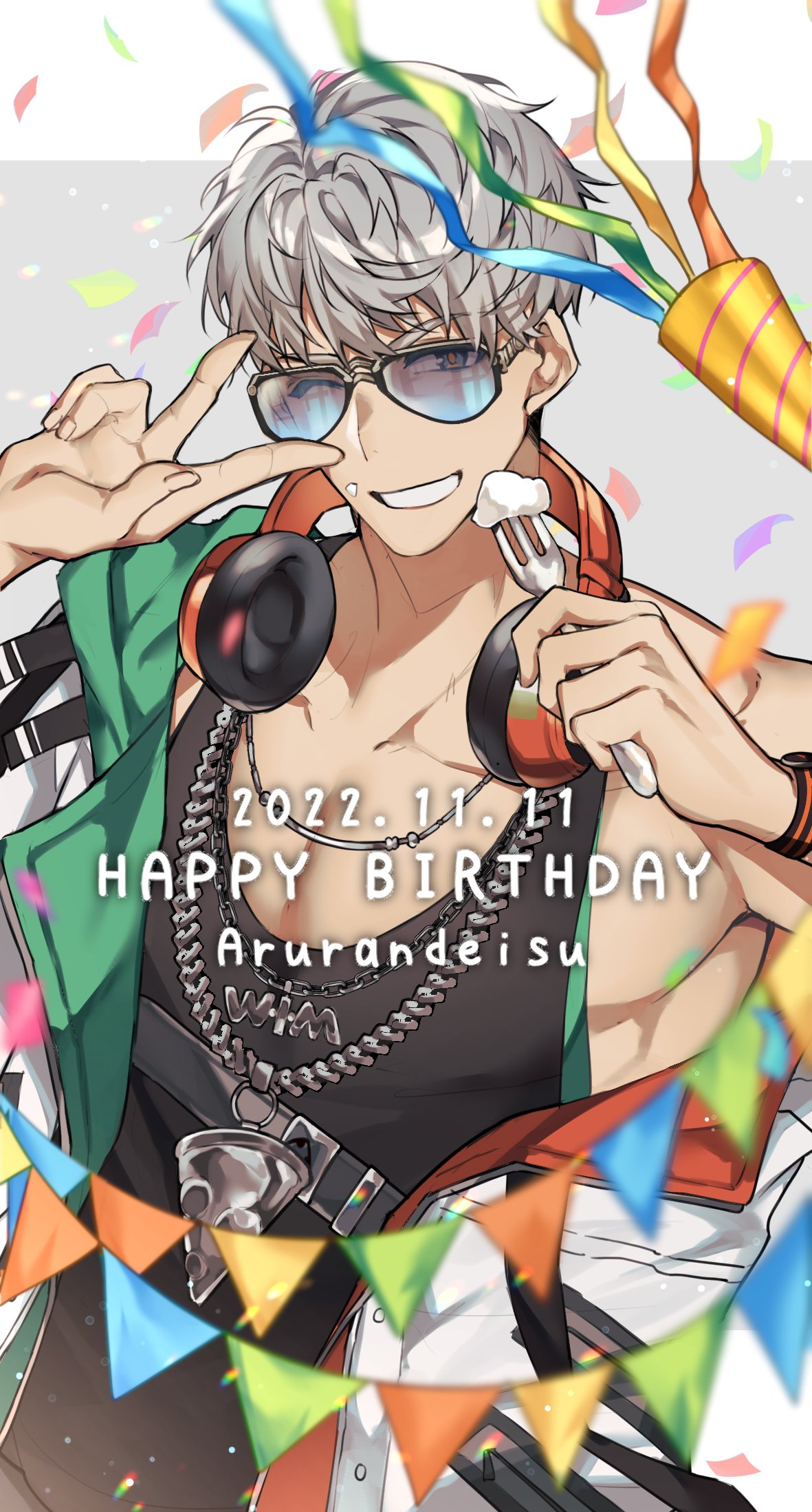 1boy aged_down arurandeisu bangs black_tank_top chain_necklace character_name confetti cream cream_on_face dated food food_on_face fork grey_background grey_eyes grey_hair grin happy_birthday headphones headphones_around_neck highres hikariemochi holding holding_fork holostars jacket jewelry looking_at_viewer male_focus necklace off_shoulder one_eye_closed party_popper pendant short_hair smile solo string_of_flags sunglasses tank_top toned toned_male upper_body v_over_eye virtual_youtuber watch white_jacket wristwatch