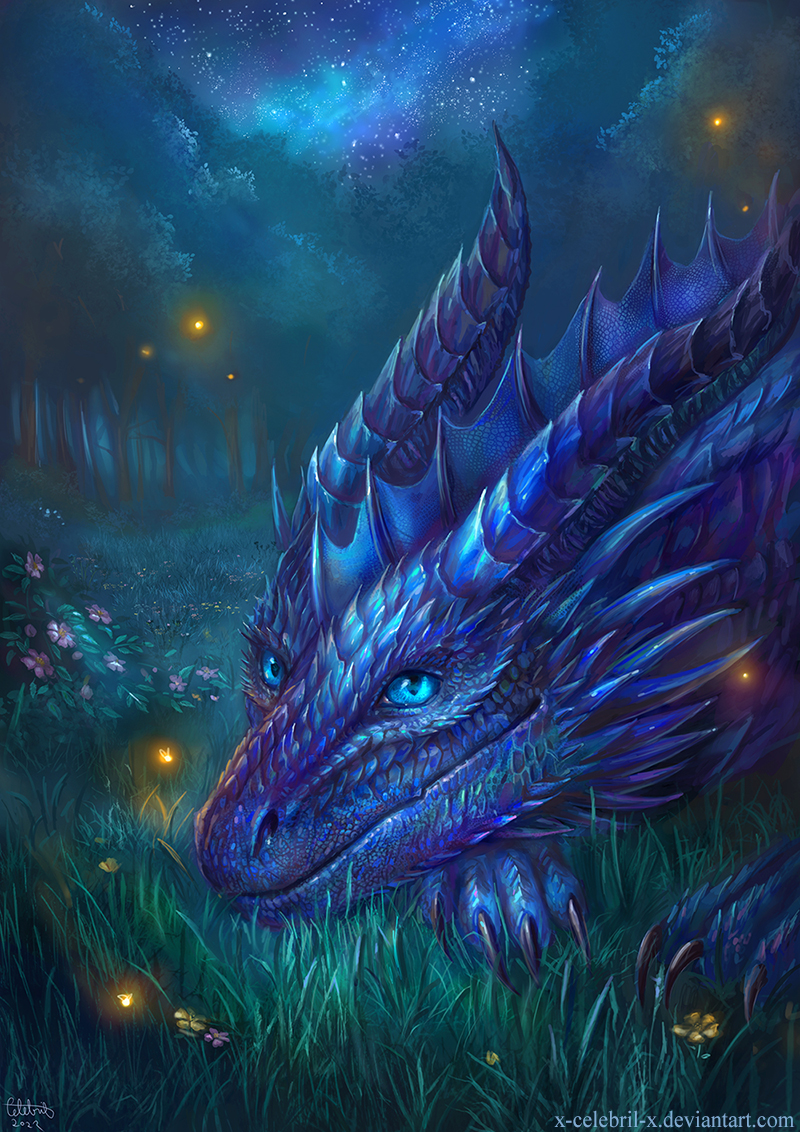 2022 ambiguous_gender blue_body blue_eyes blue_scales detailed_background digital_media_(artwork) feral forest grass night outside plant scales sky solo star starry_sky tree x-celebril-x