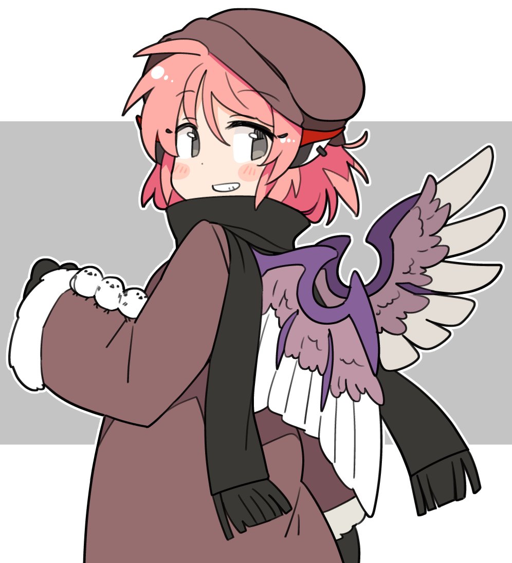 1girl animal animal_ears bird bird_ears bird_wings black_mittens black_scarf blush brown_coat brown_headwear coat earrings fringe_trim grey_eyes grin hat ini_(inunabe00) jewelry long_sleeves mittens mystia_lorelei pink_hair scarf short_hair single_earring smile solo touhou upper_body white_wings wings