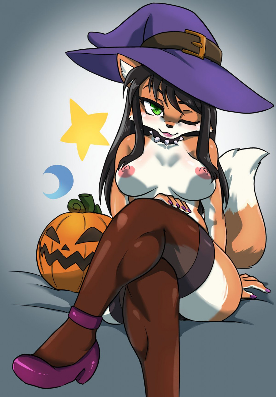 anthro black_hair breasts canid canine clothing collar daigaijin dipstick_tail female footwear fox fur green_eyes hair hat headgear headwear hi_res jack-o'-lantern kalita_(furryfight_chronicles) legwear mammal markings nipples one_eye_closed orange_body orange_fur shoes solo spiked_collar spikes tail_markings thigh_highs wink witch_hat