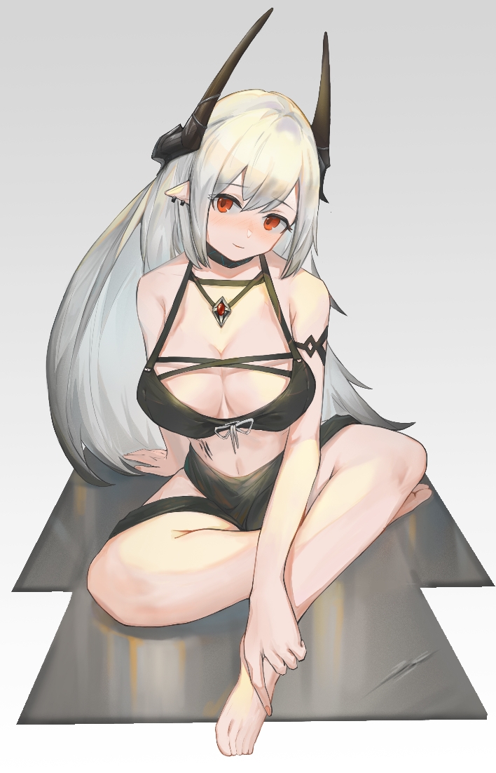 1girl arknights bangs bare_arms bare_legs bare_shoulders barefoot bikini black_bikini black_choker choker commentary_request grey_background head_tilt hell_xt horns long_hair looking_at_viewer mudrock_(arknights) navel pointy_ears red_eyes sitting solo stomach swimsuit very_long_hair white_hair
