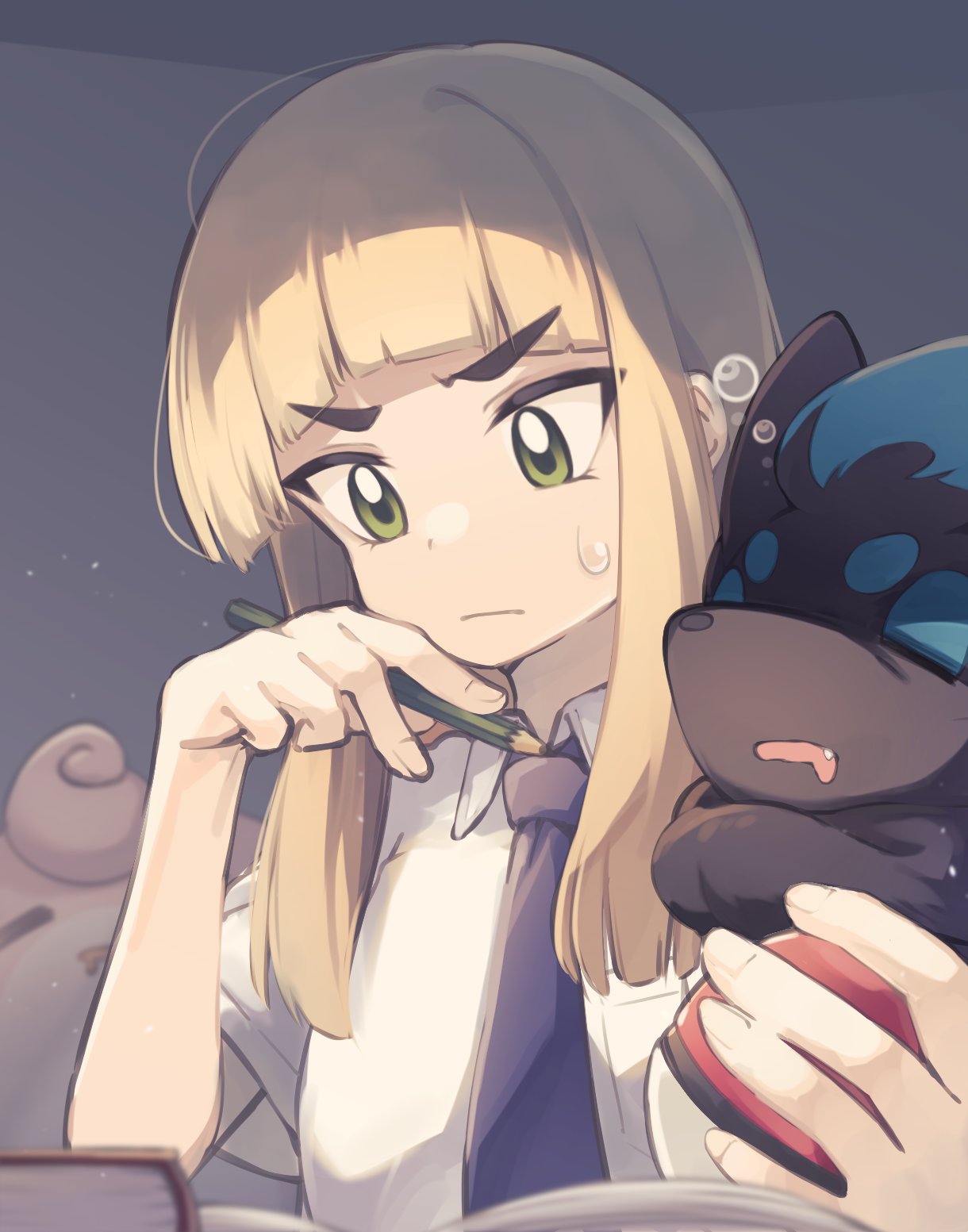 1girl bangs blonde_hair character_request closed_mouth collared_shirt commentary_request green_eyes grey_background highres holding holding_pen holding_poke_ball jigglypuff long_hair looking_away looking_down natsuki_teru necktie pen poke_ball poke_ball_(basic) pokemon pokemon_(creature) purple_necktie shirt short_sleeves simple_background sweat thick_eyebrows upper_body v-shaped_eyebrows white_shirt