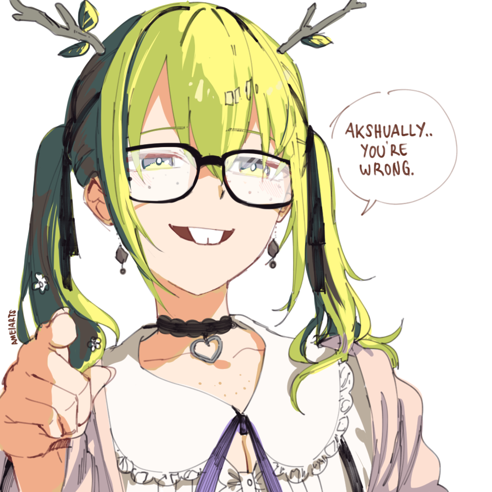 1girl ameiarts antlers bangs black_choker buck_teeth ceres_fauna choker earrings green_hair hololive hololive_english jewelry looking_at_viewer multicolored_hair nerd_emoji official_alternate_costume open_mouth pointing pointing_at_viewer simple_background smile solo speech_bubble streaked_hair teeth virtual_youtuber white_background