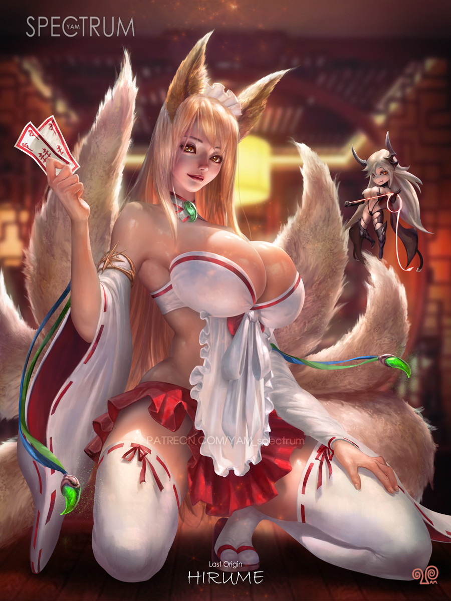 1girl 2girls animal_ears apron armlet backlighting bangs blonde_hair blurry blurry_background blush boots breasts brooch character_name character_request chibi choker detached_sleeves fingernails fluffy fox_ears fox_tail grey_hair highres hirume_of_heavenly_incense horns huge_breasts indoors jewelry kitsune kneeling last_origin long_hair miniskirt multiple_girls multiple_tails nose paid_reward_available pleated_skirt red_eyes red_lips red_skirt revealing_clothes ribbon ribbon-trimmed_legwear ribbon-trimmed_sleeves ribbon_trim rope shinto shiny shiny_hair shiny_skin sidelocks signature skirt solo_focus tabi tail talisman tassel thick_thighs thigh_boots thighhighs thighs very_long_hair web_address white_ribbon wide_sleeves wooden_floor yam_spectrum zouri
