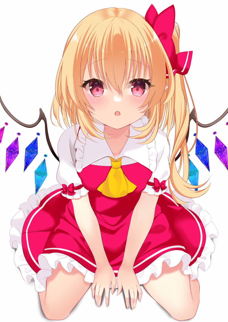 1girl :o ascot blonde_hair bow collarbone crystal flandre_scarlet full_body hair_bow looking_at_viewer one_side_up open_mouth red_bow red_eyes red_skirt red_vest seiza shirt short_sleeves simple_background sitting skirt solo tosakaoil touhou vest white_background white_shirt wings yellow_ascot