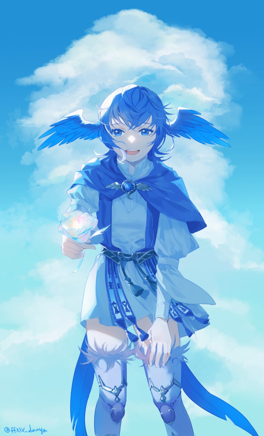 1girl bangs bird_girl bird_tail blue_capelet blue_dress blue_hair blue_sky blue_thighhighs blue_wings brooch capelet cloud cloudy_sky crossed_bangs dress feather_trim feathered_wings feet_out_of_frame final_fantasy final_fantasy_xiv flower head_wings highres holding holding_flower jewelry leaning_forward long_sleeves looking_at_viewer matjip meteion open_mouth outdoors short_dress short_hair sky smile solo standing tail teeth thighhighs twitter_username upper_teeth_only wings