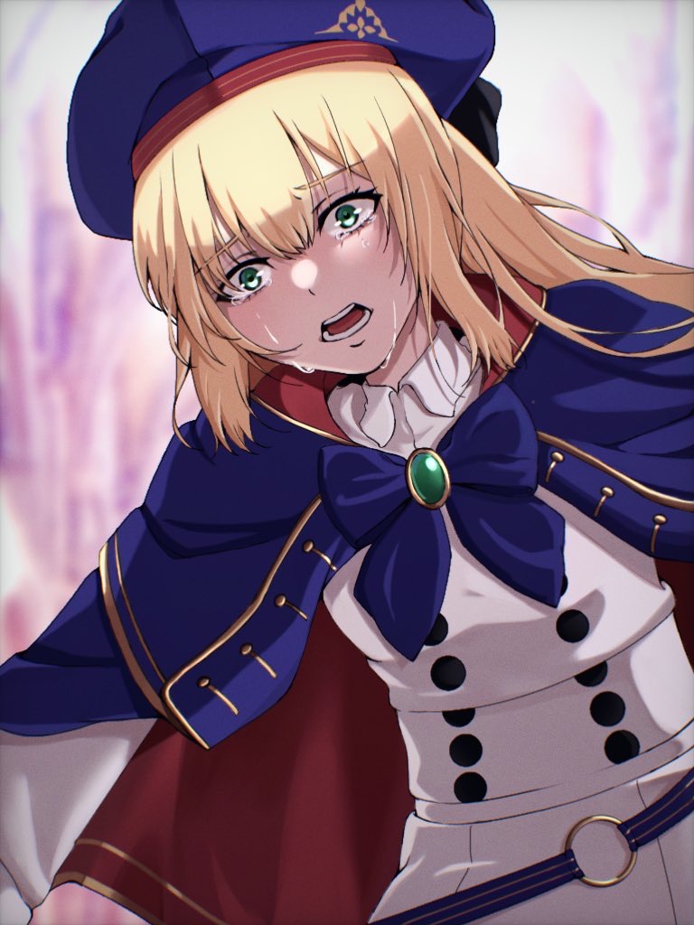 1girl artoria_caster_(fate) artoria_pendragon_(fate) belt beret blonde_hair blue_belt blue_cape blurry bow buttons cape commentary_request crying depth_of_field double-breasted fate/grand_order fate_(series) green_eyes hair_between_eyes hat igote long_hair long_sleeves looking_at_viewer multicolored_cape multicolored_clothes nikumaki43 open_mouth red_cape shirt solo striped_belt teeth white_shirt