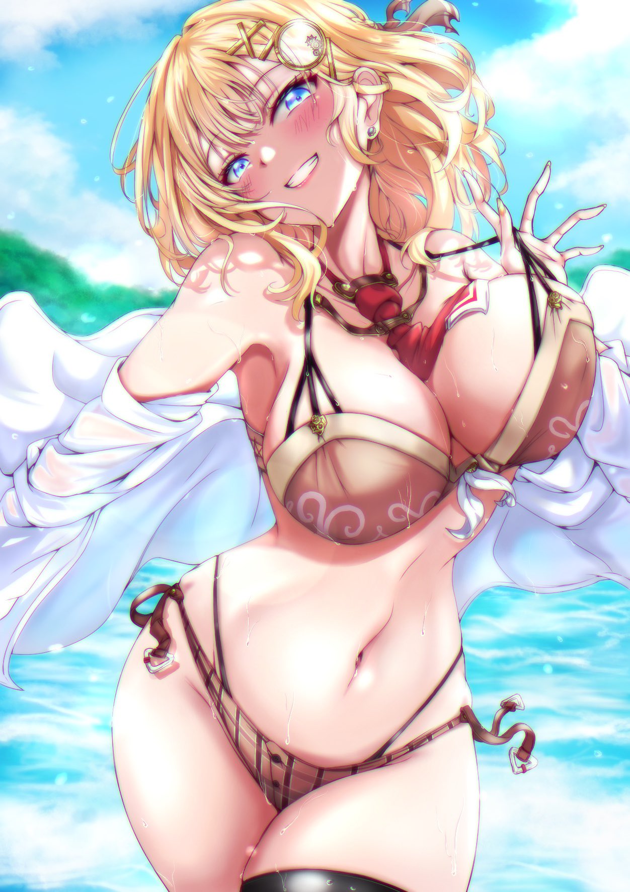 1girl adapted_costume bangs beach bikini bikini_pull black_thighhighs blonde_hair blue_eyes blush breasts brown_bikini cleavage clothes_pull collarbone grin hair_ornament highres hololive hololive_english large_breasts looking_at_viewer monocle_hair_ornament navel necktie open_clothes open_shirt plaid plaid_bikini red_necktie shirt short_hair short_necktie side-tie_bikini_bottom sky smile solo swimsuit tadatada_yui thighhighs virtual_youtuber watson_amelia white_shirt