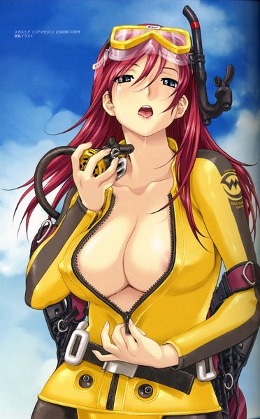 artist_request breasts cleavage goggles long_hair open_mouth red_hair saliva source_request swimsuit tongue