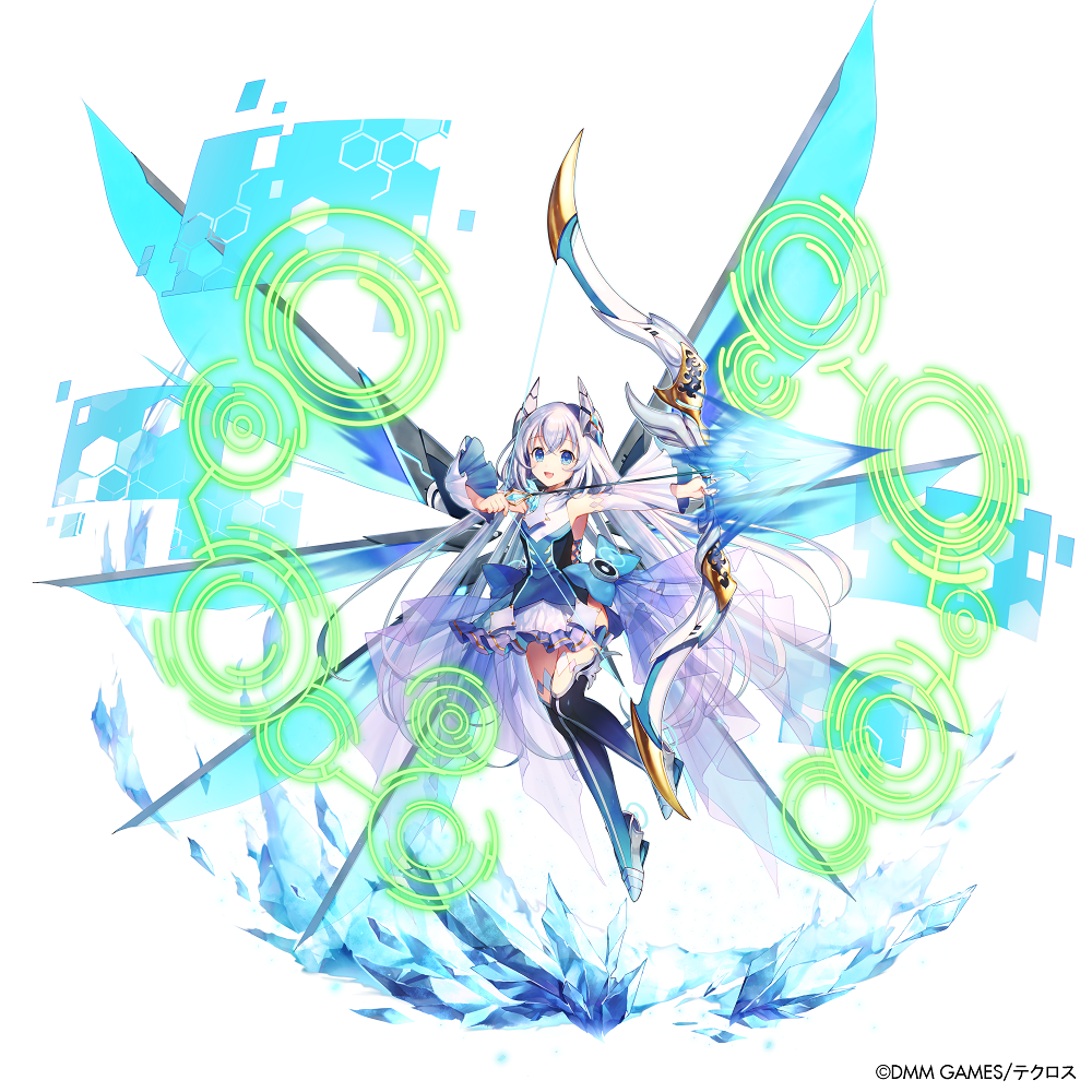 1girl :d armpits arrow bare_shoulders black_footwear blue_bow blue_eyes blue_shirt boots bow bow_(weapon) commentary_request detached_sleeves frilled_skirt frills full_body headgear holding holding_bow_(weapon) holding_weapon ice kami_project long_hair long_sleeves looking_at_viewer magic momoshiki_tsubaki official_art open_mouth see-through shirt silver_hair skirt smile solo thigh_boots thighhighs very_long_hair watermark weapon white_skirt wide_sleeves wings