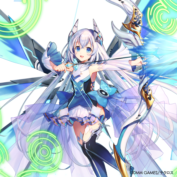 1girl :d armpits arrow bare_shoulders black_footwear blue_bow blue_eyes blue_shirt boots bow bow_(weapon) detached_sleeves feet_out_of_frame frilled_skirt frills headgear holding holding_bow_(weapon) holding_weapon ice kami_project long_hair long_sleeves looking_at_viewer magic momoshiki_tsubaki official_art open_mouth see-through shirt silver_hair skirt smile solo thigh_boots thighhighs very_long_hair watermark weapon white_skirt wide_sleeves wings