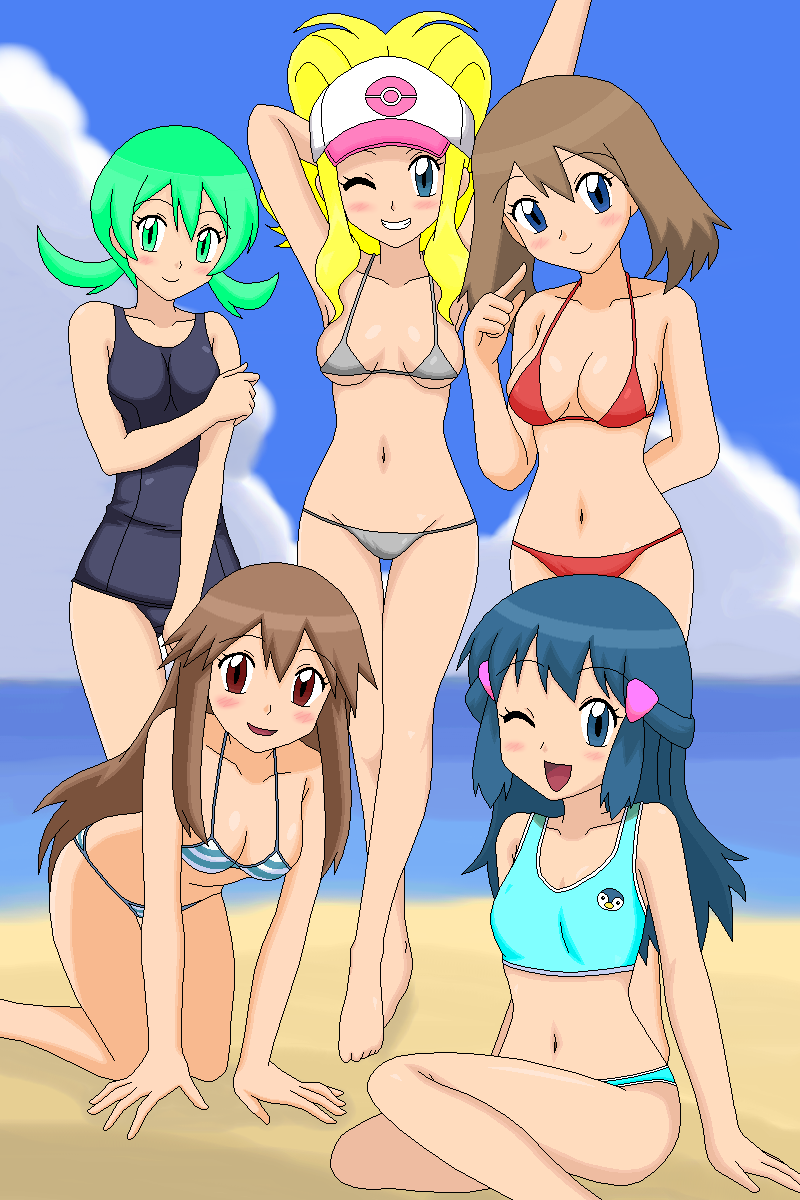 blonde_hair blue_(pokemon) breasts green_hair haruka_(pokemon) highres hikari_(pokemon) kotone_(pokemon) kusakabe330 nintendo pokemon white_(pokemon)