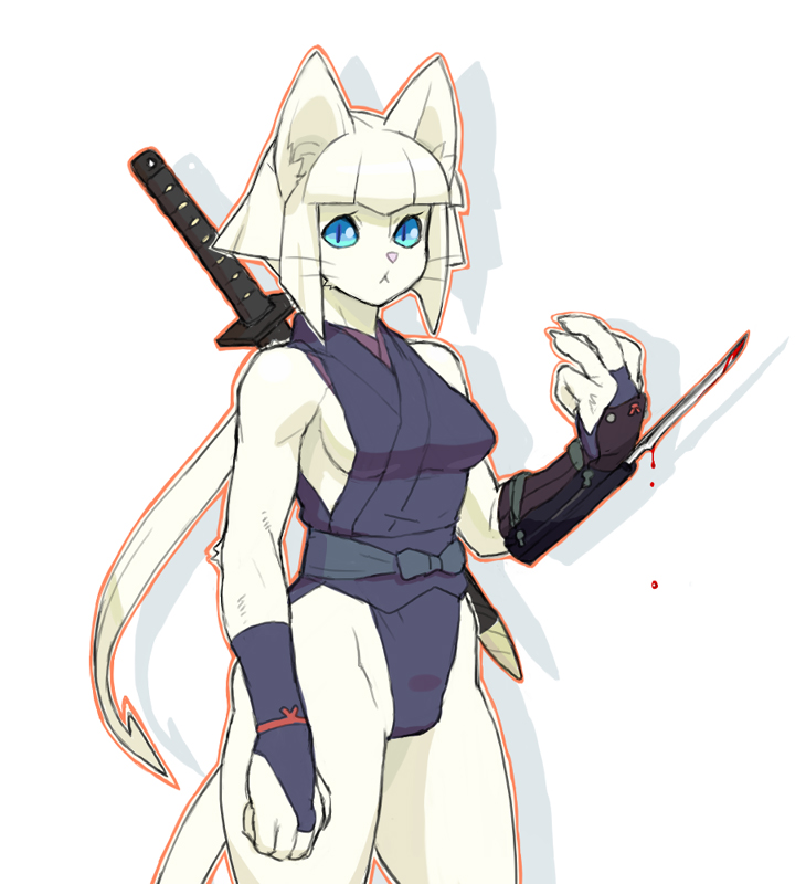 animal_ears bangs blade blood blue_sclera blunt_bangs bridal_gauntlets cat_ears cat_girl cat_tail cowboy_shot drop_shadow furry kemonon long_hair original outline ponytail scabbard sheath sheathed simple_background sleeveless slit_pupils solo source_request sword tail weapon whiskers white_background white_fur white_hair