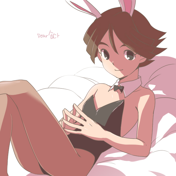 1boy animal_ears bed bow bowtie brown_hair bunny_ears bunny_suit bunnysuit child crossdress crossdressing ichinose_kazuya inazuma_eleven inazuma_eleven_(series) legs_crossed male male_focus pantyhose shota sitting smile solo trap