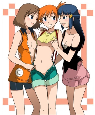3girls blush breasts duplicate haruka_(pokemon) hikari_(pokemon) kakkii kasumi_(pokemon) lowres multiple_girls pokemon yuri