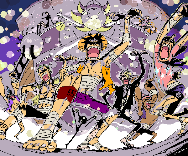 2girls 6+boys 6boys 7boys bandage bandages barefoot black_hair blonde_hair blue_hair brook cane chopper codoyeo dance dancing disco female franky green_hair hat male monkey_d_luffy multiple_boys multiple_girls nami nami_(one_piece) necktie nico_robin one_piece open_clothes open_shirt reindeer roronoa_zoro sanji scar ship shirt shorts skeleton sword thousand_sunny thriller_bark tony_tony_chopper torn_clothes usopp weapon zombie zombies