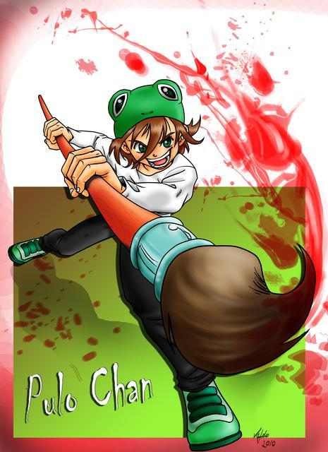 animal_costume brown_hair frog_costume giant_brush male_focus pulo-chan solo