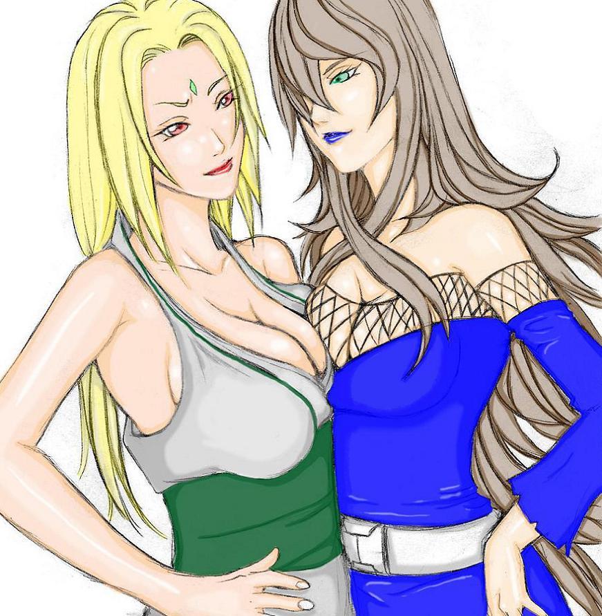 2girls ares_(artist) belt blonde_hair breast_press breasts brown_hair cleavage facial_mark fishnets forehead_mark green_eyes lipstick long_hair makeup mizukage multiple_girls naruto naruto_shippuuden red_eyes symmetrical_docking terumi_mei tsunade