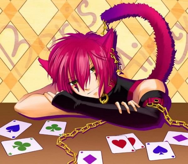 alice_in_wonderland animal_ears boris_airay card cat_ears cat_tail chain cheshire_cat club_(shape) diamond heart heart_no_kuni_no_alice male_focus pink_hair smile solo spade_(shape) table tail yellow_eyes