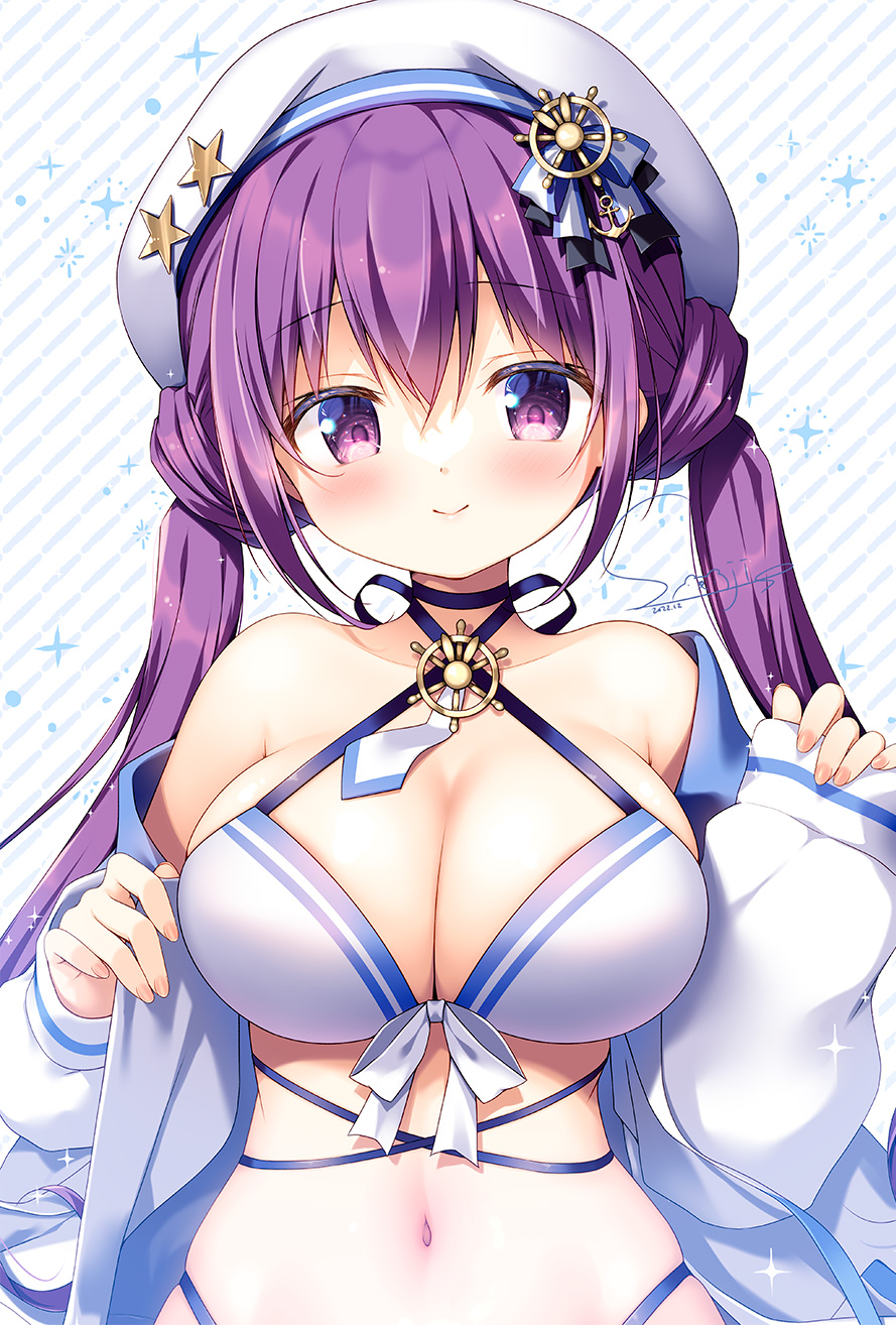 1girl bangs bare_shoulders beret blush breasts cleavage commentary_request gochuumon_wa_usagi_desu_ka? hair_between_eyes hat hat_ornament highres kirara_fantasia large_breasts long_sleeves looking_at_viewer navel off_shoulder open_clothes open_shirt purple_eyes purple_hair sasai_saji simple_background sleeves_past_wrists smile solo star_(symbol) star_hat_ornament straight-on tedeza_rize twintails undressing upper_body