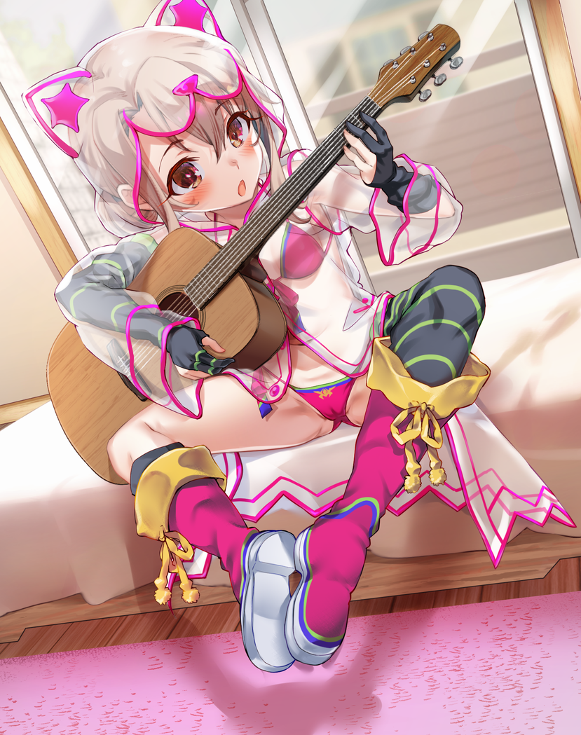 1girl animal_ears animal_hood ass_visible_through_thighs asymmetrical_gloves asymmetrical_legwear bangs bare_shoulders bikini black_gloves black_thighhighs blush boots boshi_(a-ieba) breasts cat_ears cat_hood collarbone double_bun fate/grand_order fate_(series) gloves guitar hair_bun holding holding_instrument hood illyasviel_von_einzbern illyasviel_von_einzbern_(swimsuit_archer) illyasviel_von_einzbern_(swimsuit_archer)_(third_ascension) instrument knee_boots long_hair long_sleeves music navel open_mouth partially_fingerless_gloves pink_bikini pink_footwear playing_instrument raincoat red_eyes see-through sidelocks sitting small_breasts solo spread_legs swimsuit thighhighs white_hair