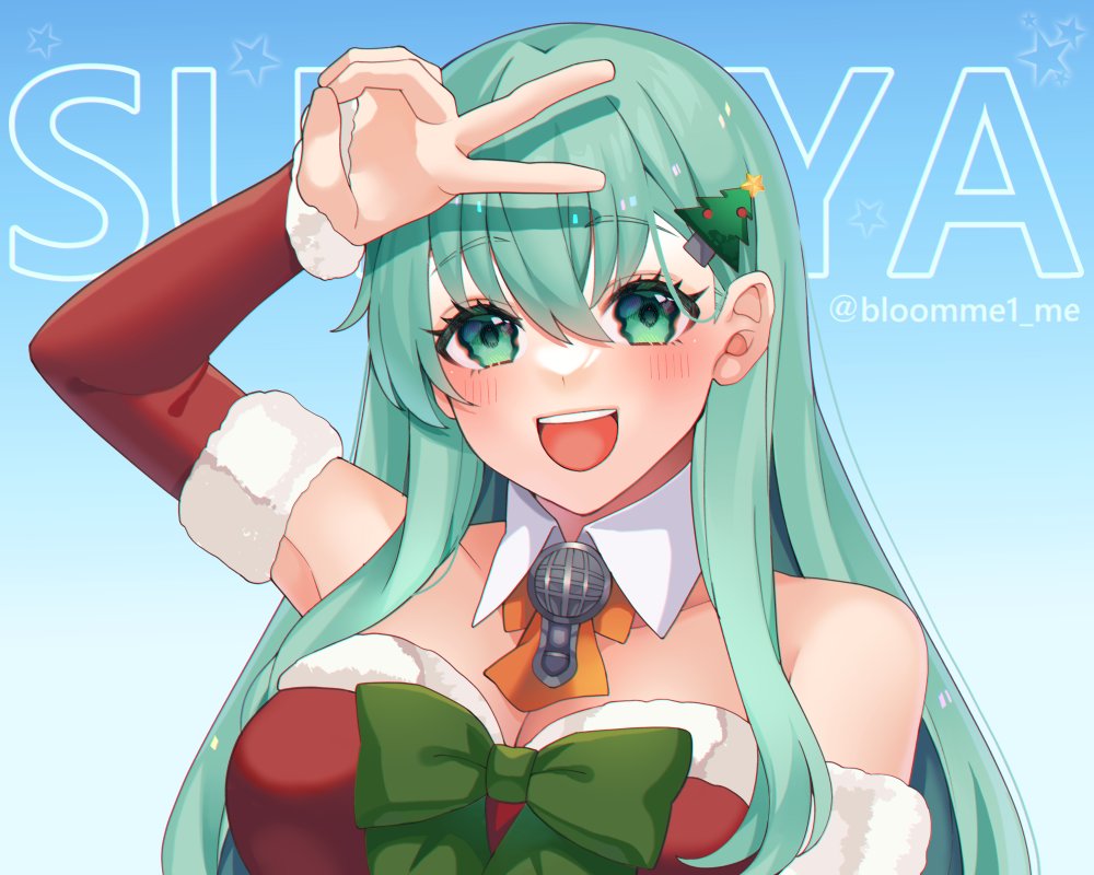 1girl aqua_eyes aqua_hair bare_shoulders blue_background blush breasts character_name christmas christmas_tree_hair_ornament dress fur-trimmed_dress fur_trim gradient gradient_background green_hair hair_ornament hairclip kantai_collection kozu_(bloomme1_me) long_hair looking_at_viewer medium_breasts official_alternate_costume open_mouth santa_dress sleeveless sleeveless_dress smile solo suzuya_(kancolle) twitter_username upper_body v