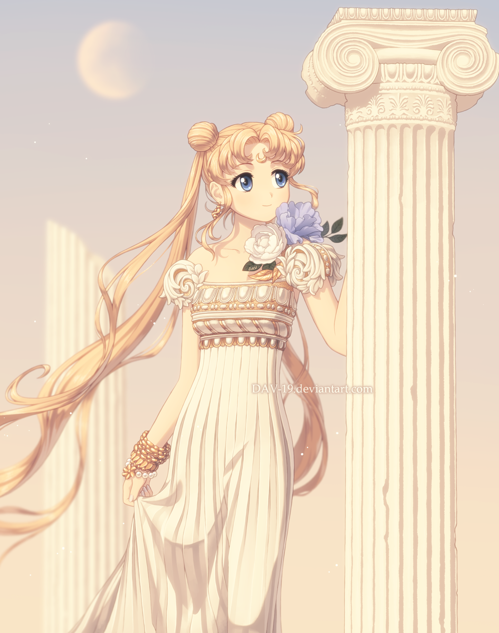 bishoujo_senshi_sailor_moon blonde_hair blue_eyes closed_mouth column dav-19 dress flower greece highres moon pillar princess princess_serenity solo