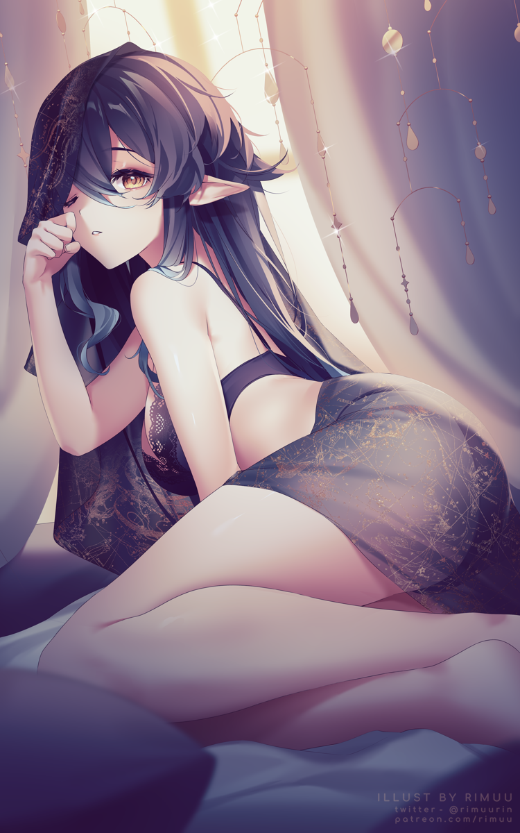 1girl artist_name bangs bare_legs blue_hair bra breasts curtains elf feet_out_of_frame genshin_impact glint hair_between_eyes hand_up highres layla_(genshin_impact) long_hair looking_at_viewer medium_breasts on_bed panties parted_lips pointy_ears purple_bra rimuu rubbing_eyes see-through solo underwear yellow_eyes