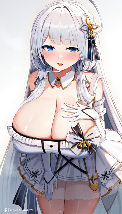 1girl artist_name azur_lane blue_eyes blush breasts cleavage cowboy_shot detached_collar dress elbow_gloves frilled_dress frilled_gloves frills gloves gradient gradient_background grey_background hair_ornament hand_on_own_chest headset huge_breasts idol illustrious_(azur_lane) illustrious_(muse)_(azur_lane) layered_dress long_hair marota microdress open_mouth pleated_dress shiny shiny_skin simple_background solo strapless strapless_dress very_long_hair white_dress white_gloves white_hair white_theme wing_collar