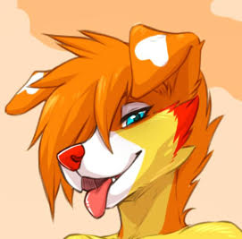 anthro blue_eyes canid canine canis clothed clothing cloudy_sky cropped domestic_dog female floppy_ears fur hair hair_over_eye half-closed_eyes head_tilt heart_(marking) humanoid looking_at_viewer low_res mammal narrowed_eyes one_eye_obstructed orange_body orange_fur orange_hair outside red_body red_fur red_nose simple_background solo spiky_hair tongue tongue_out topless unknown_artist unknown_character white_muzzle yellow_body yellow_fur