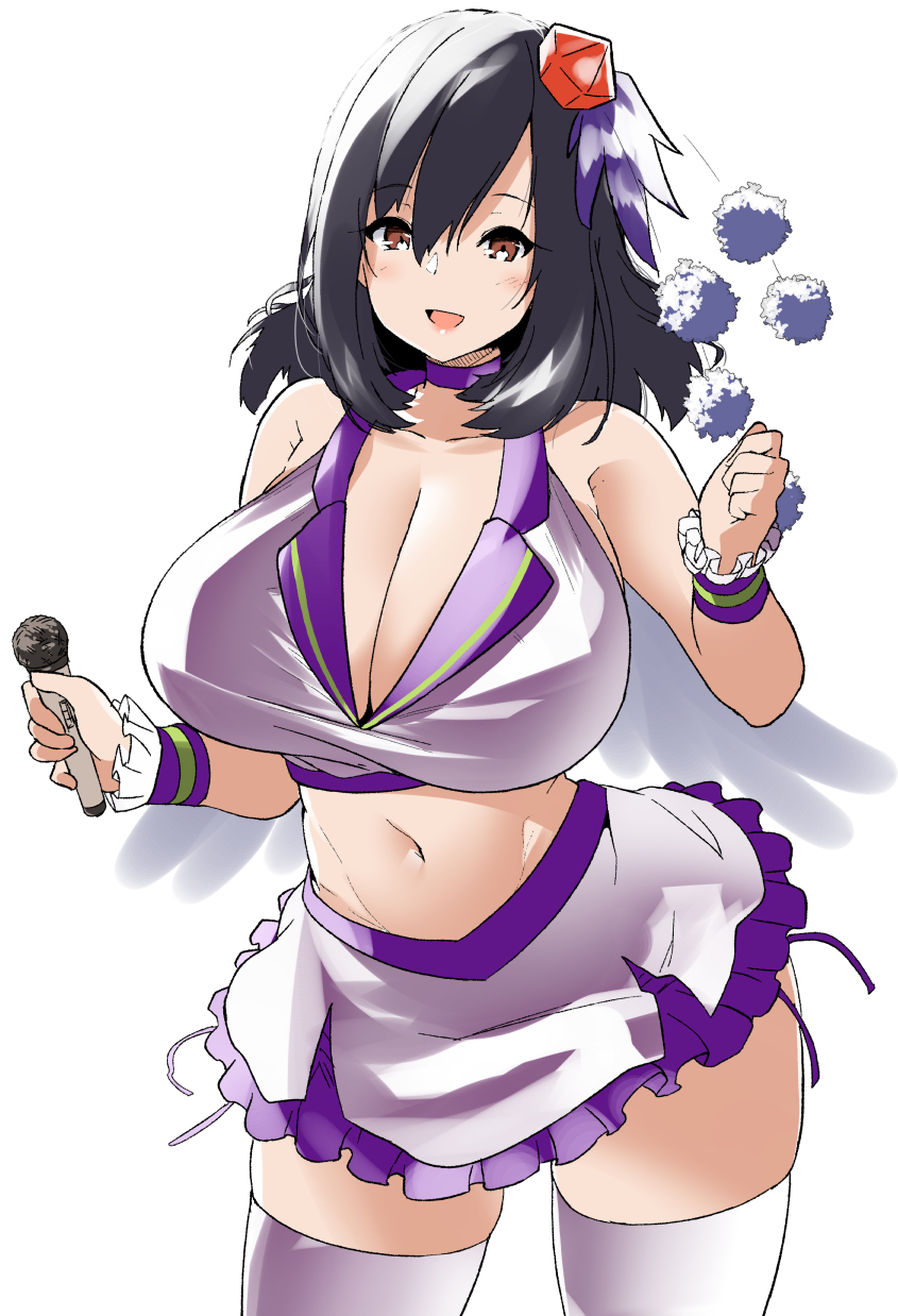 1girl :d akure_ekuto alternate_costume black_hair breasts brown_eyes cleavage commission cowboy_shot hat highres holding holding_microphone huge_breasts idol looking_at_viewer microphone navel open_mouth pom_pom_(clothes) red_headwear shameimaru_aya shirt short_hair simple_background smile solo standing thighhighs tokin_hat touhou white_background white_shirt white_thighhighs