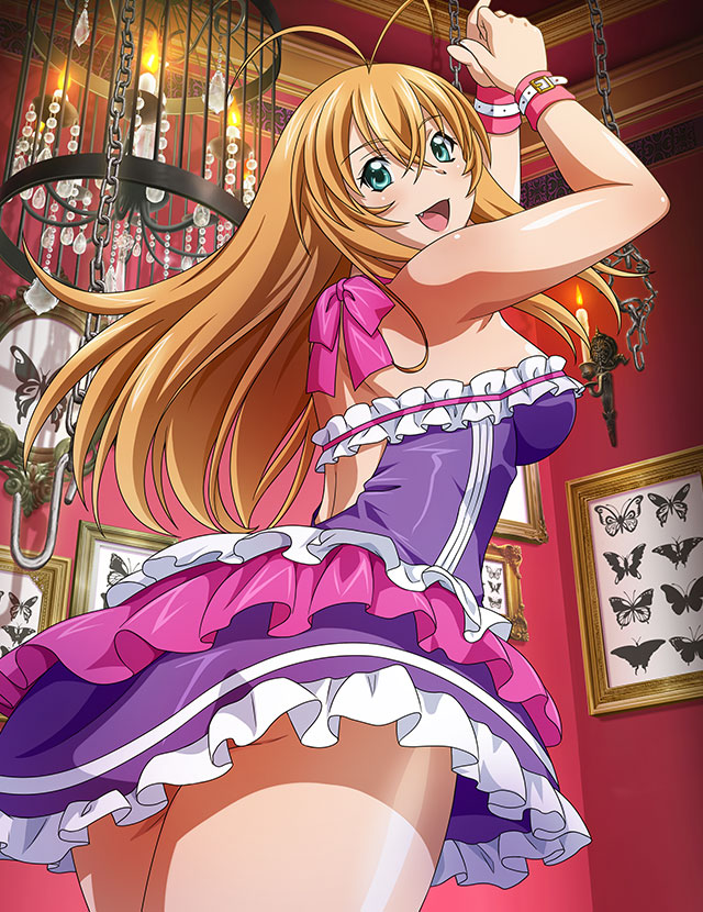 1girl :d antenna_hair arms_up bangs belt blonde_hair breasts chain cow dress fang floating_hair from_below from_side green_eyes hair_between_eyes ikkitousen long_hair looking_at_viewer open_mouth purple_dress shiny shiny_hair shiny_skin short_dress sideboob sleeveless sleeveless_dress smile solo sonsaku_hakufu standing straight_hair very_long_hair white_belt
