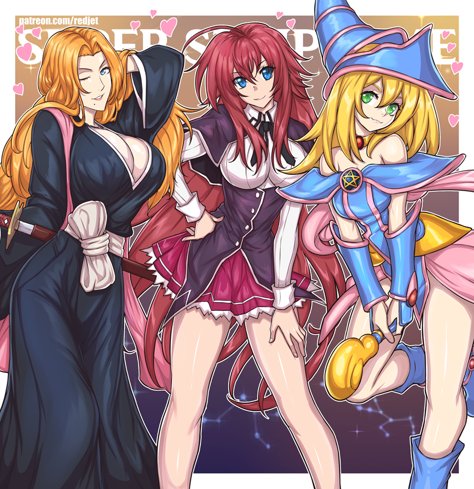 3girls ahoge arm_behind_head background_text black_capelet black_corset black_kimono bleach blonde_hair blue_dress blue_eyes blue_footwear blue_headwear boots border breasts capelet cleavage closed_mouth collared_shirt corset crossover dark_magician_girl dress english_commentary english_text gold_choker green_eyes hair_between_eyes hand_on_hip hand_on_own_thigh hat heart high_school_dxd holding holding_wand japanese_clothes katana kimono knee_boots kuoh_academy_school_uniform large_breasts long_hair looking_at_viewer matsumoto_rangiku mole mole_under_mouth multiple_girls one_eye_closed orange_hair outside_border parted_lips patreon_username pink_shawl pink_skirt pleated_skirt red_hair red_skirt redjet rias_gremory school_uniform shawl sheath sheathed shirt simple_background skirt smile standing standing_on_one_leg sword wand weapon white_border white_hair wizard_hat yu-gi-oh!